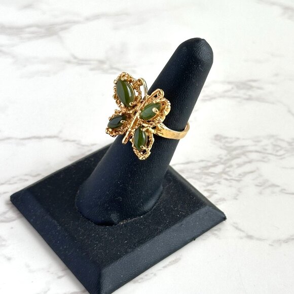 Gold Plated Butterfly Ring, Nephrite Jade Cabochons, Size 6.5, Statement Ring - Picture 5 of 10